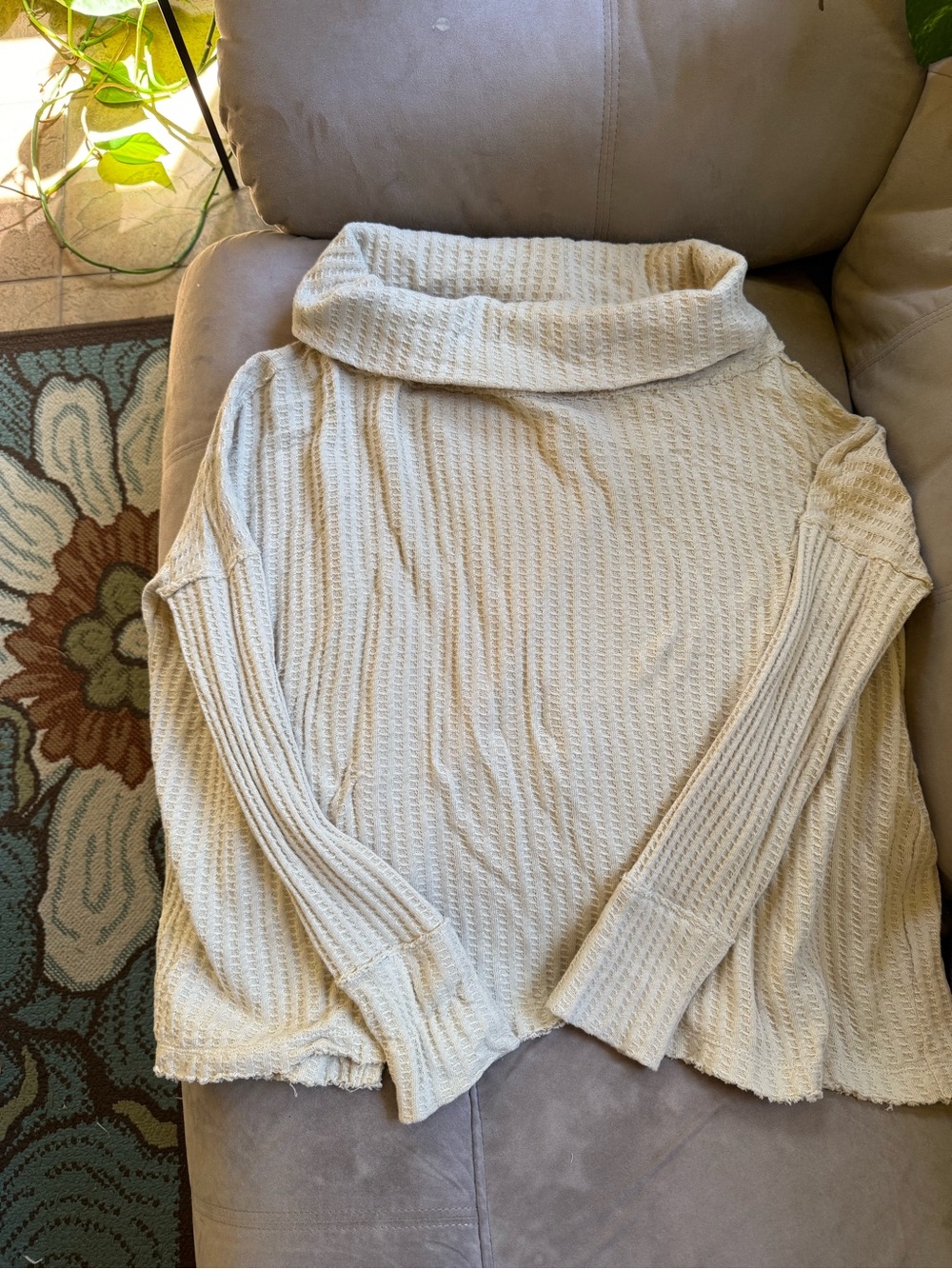 Free People Cream Cowl Neck Knit Sweater with Open Back and Raw Edges